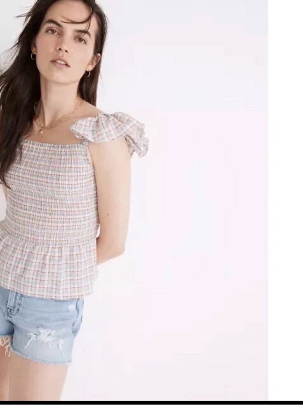 Madewell Seersucker Lucie Smocked Peplum Top in Rainbow Plaid